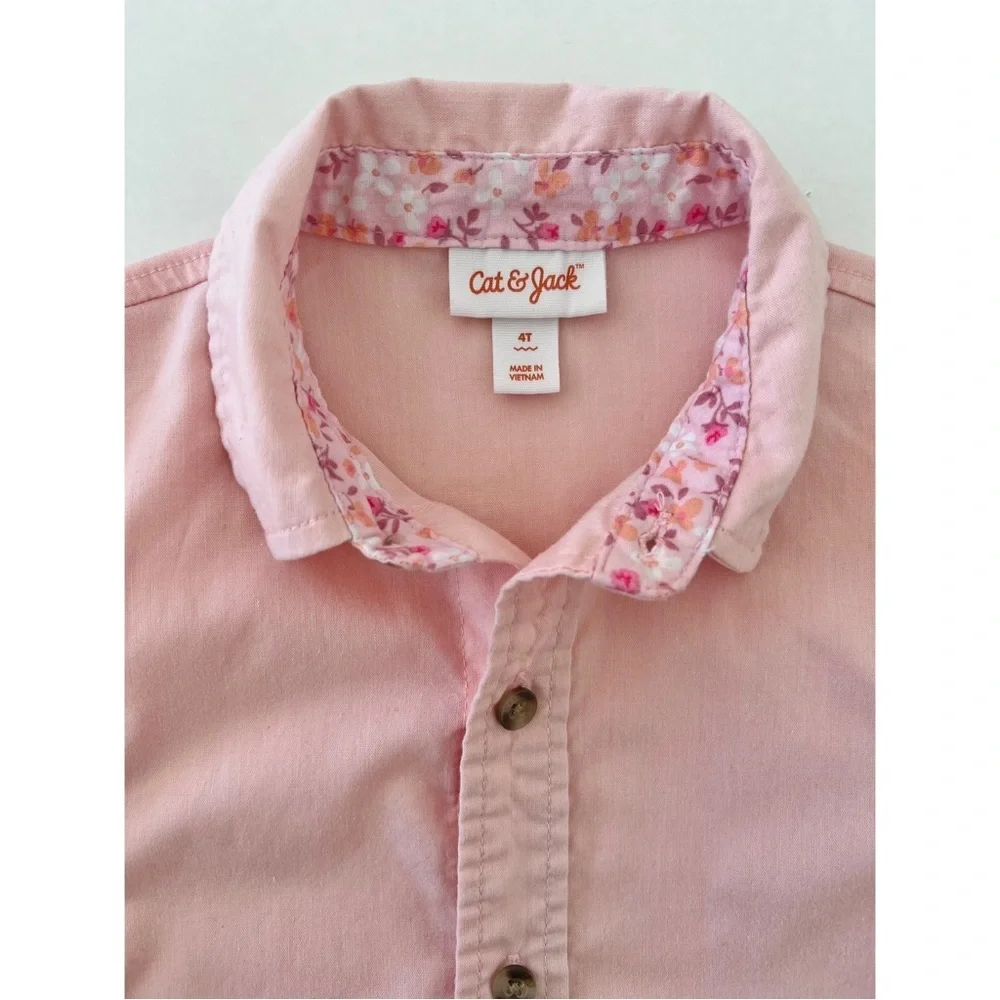 Cat & Jack Light Pink Button Down Shirt with Floral Collar | Boy or Girl 4T